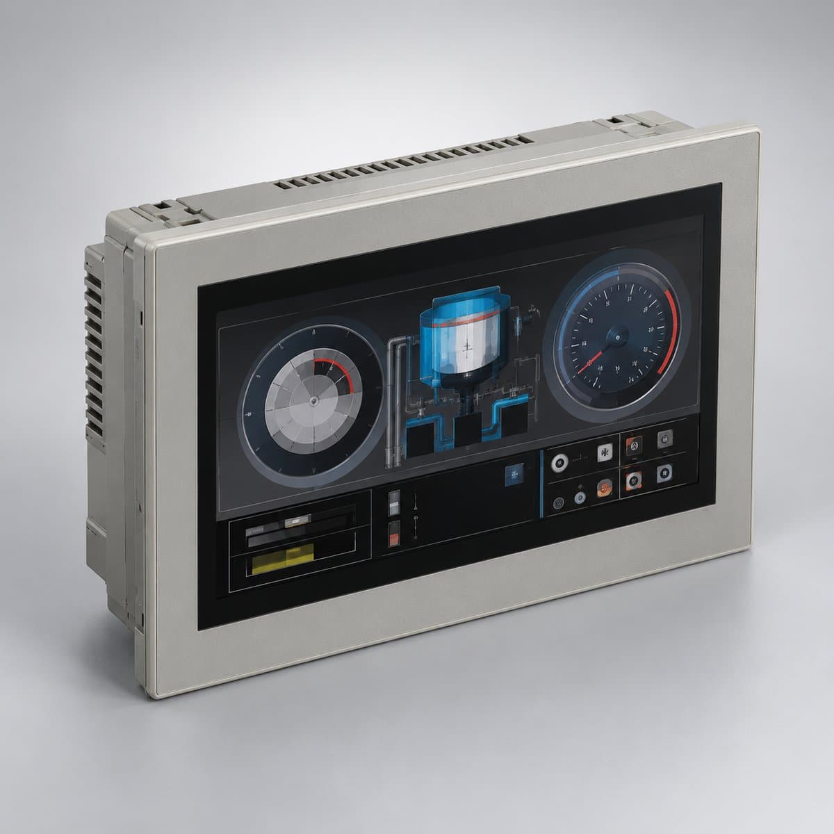 Màn hình HMI Pro-face Schneider chụp góc nghiêng 3/4, thấy rõ mặt và cạnh bên