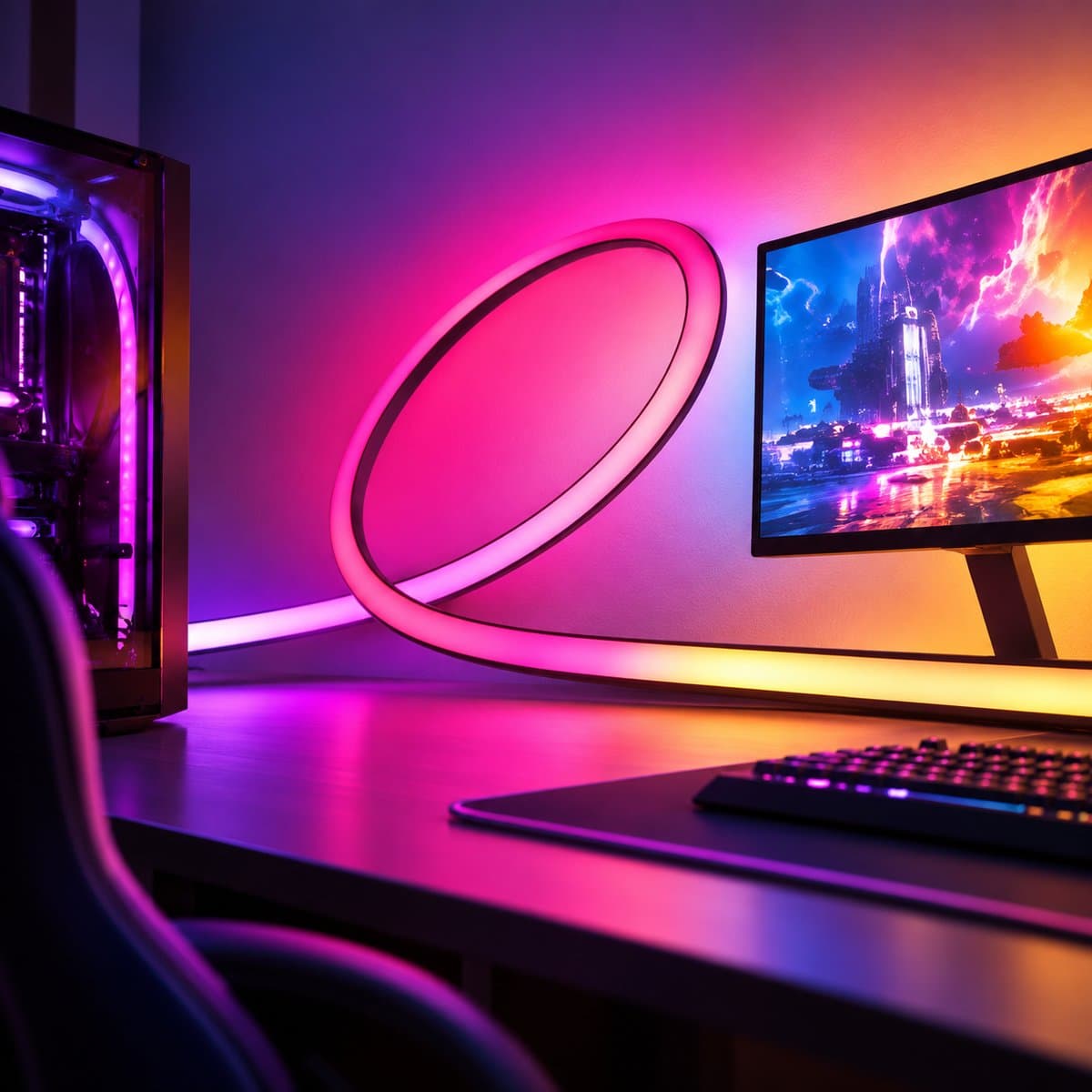 Dây LED thông minh Hue Play Gradient Lightstrip cho PC Philips đã lắp đặt, đang chiếu sáng