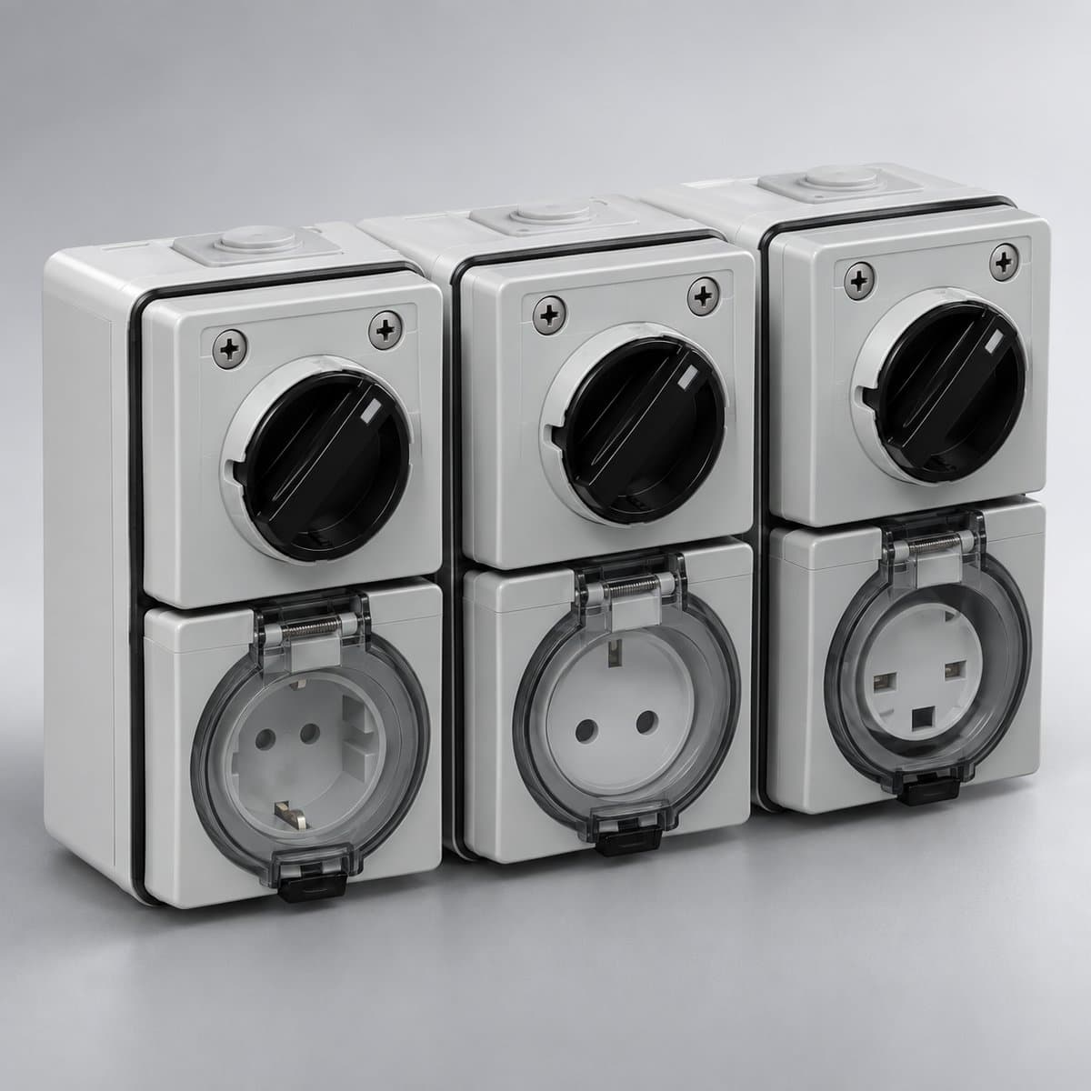 Công tắc & ổ cắm phòng thấm nước dòng S56 Schneider chụp góc nghiêng 3/4, thấy rõ mặt và cạnh bên