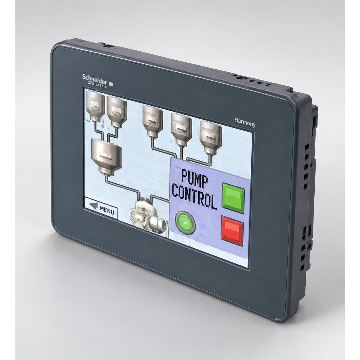 Màn hình HMI Harmony GTU Schneider chụp góc nghiêng 3/4, thấy rõ mặt và cạnh bên
