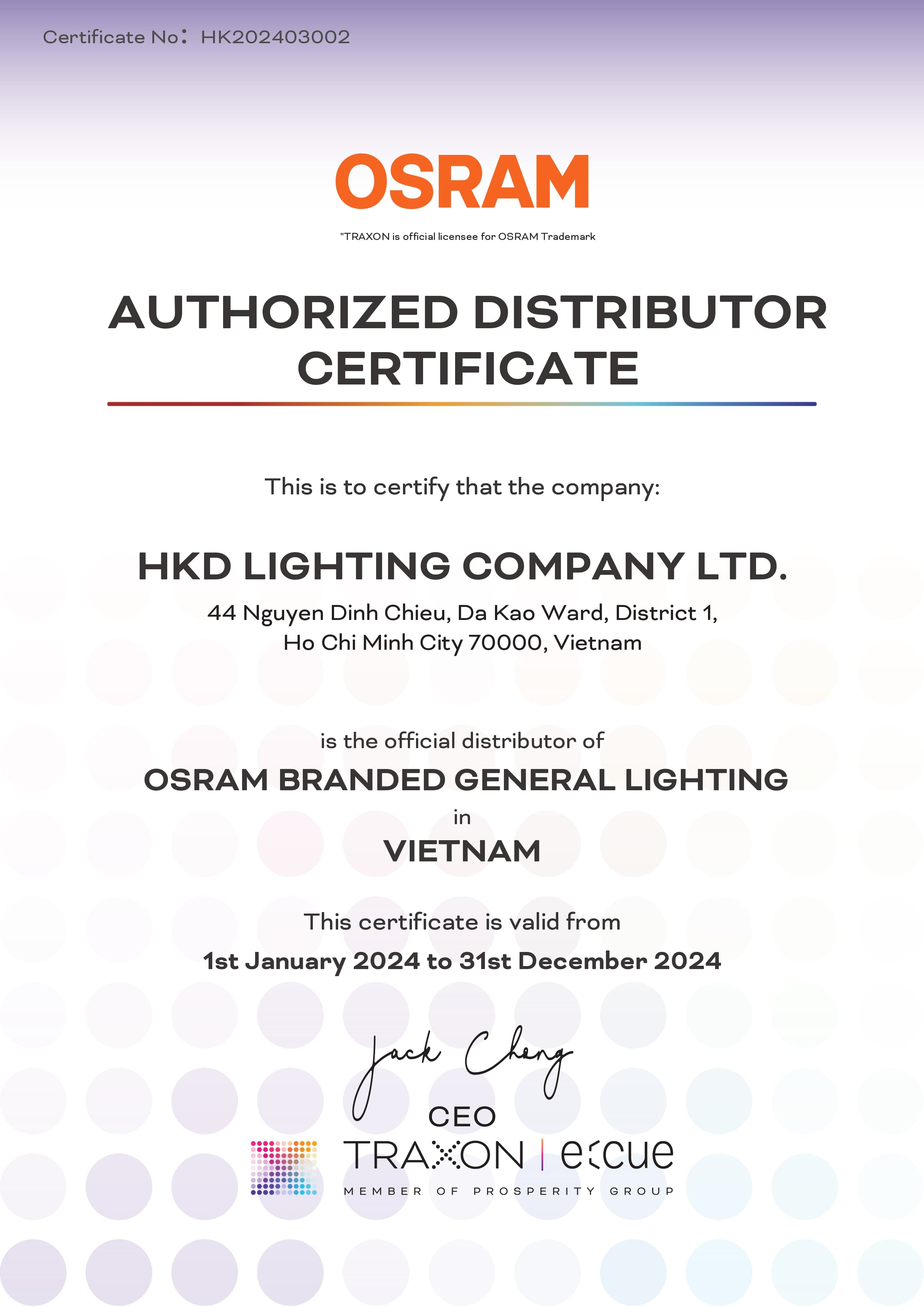 Authorized Distributor Certificate số HK202403002 cấp cho HKD Lighting Company Ltd. là nhà phân phối chính thức sản phẩm chiếu sáng thương hiệu OSRAM tại Việt Nam