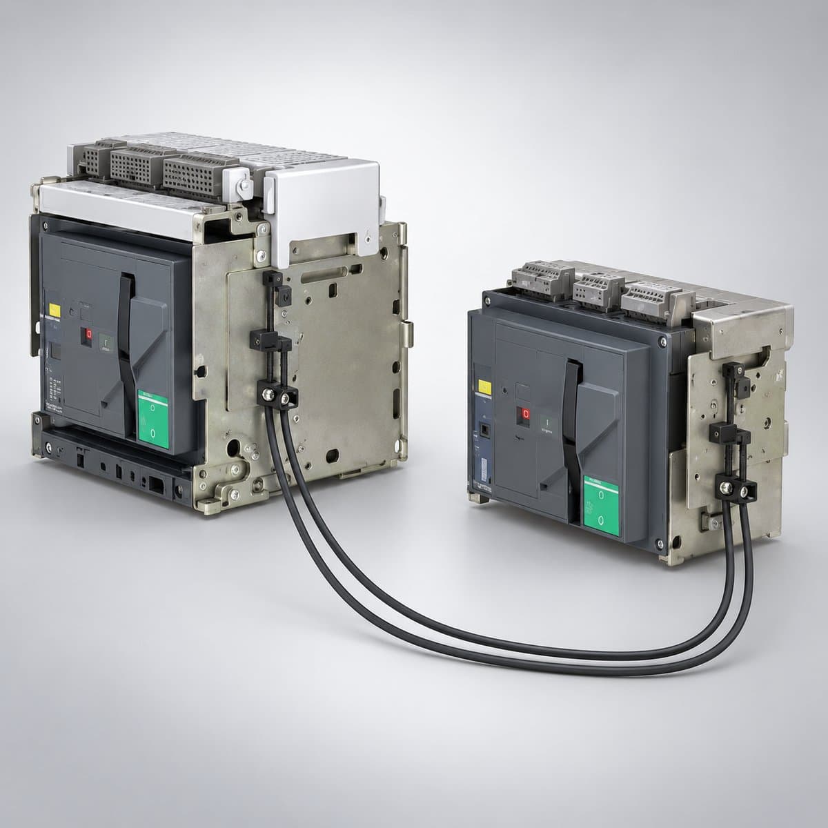 Phụ kiện ACB EasyPact MVS Schneider chụp góc nghiêng 3/4, thấy rõ mặt và cạnh bên