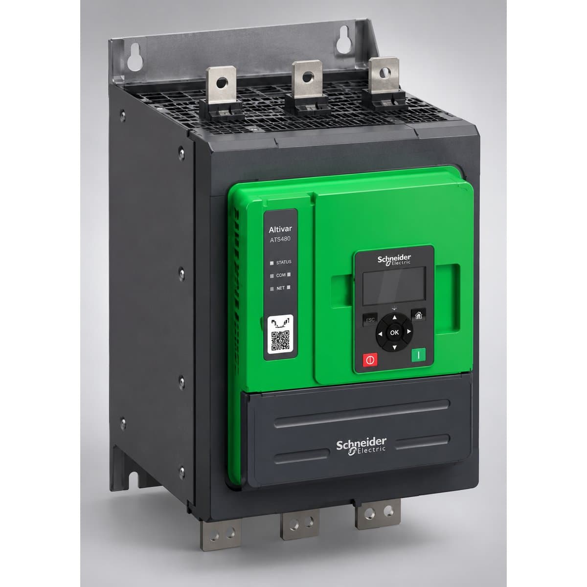 Khởi động mềm Altivar ATS480 Schneider chụp góc nghiêng 3/4, thấy rõ mặt và cạnh bên