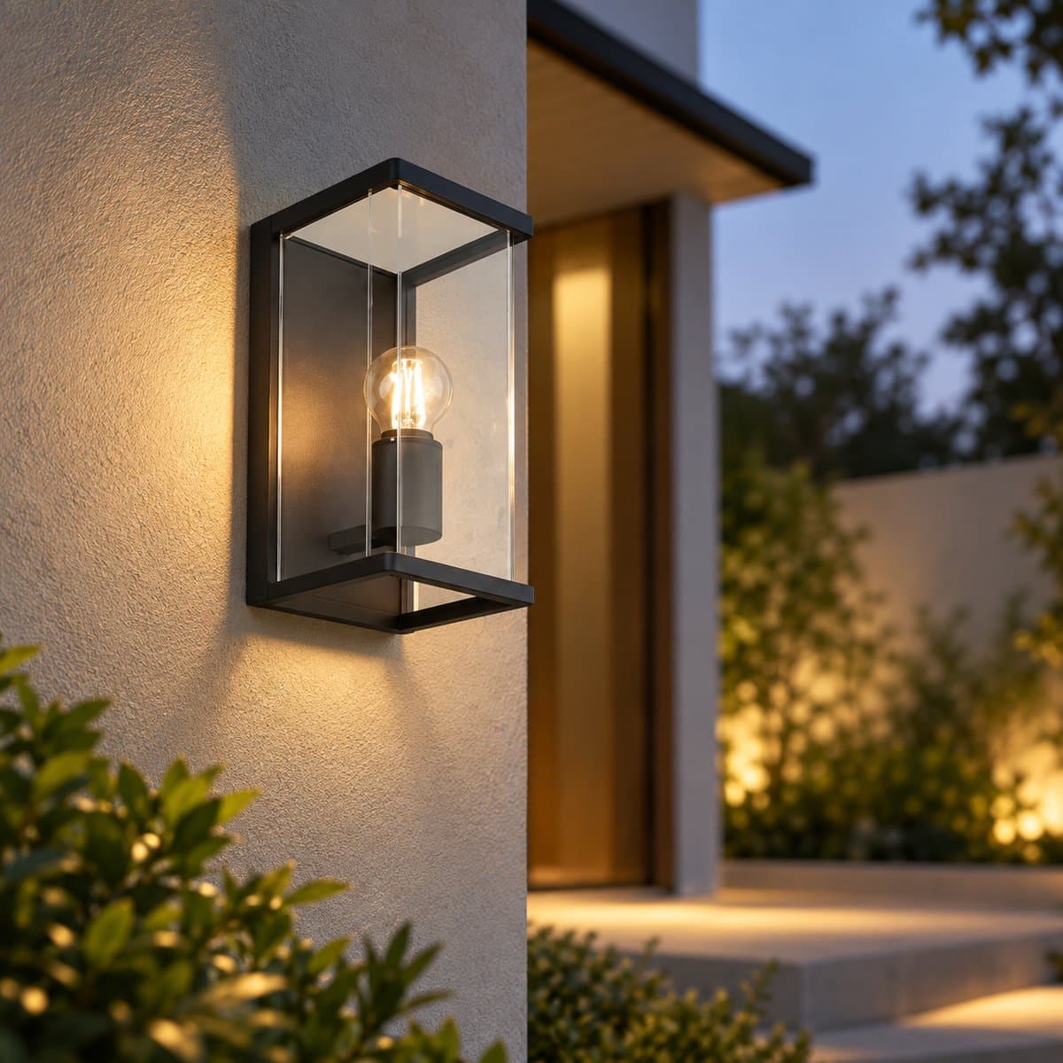 Đèn gắn tường, đèn sân vườn ngoài trời Panasonic đã lắp đặt, đang chiếu sáng