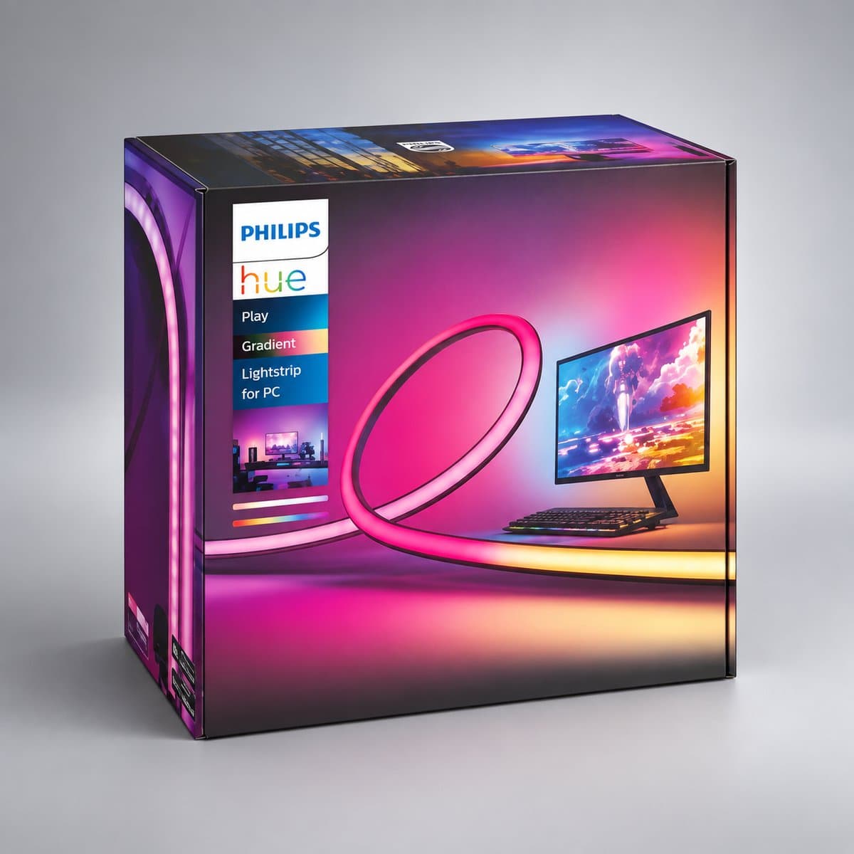 Dây LED thông minh Hue Play Gradient Lightstrip cho PC Philips chụp góc nghiêng 3/4, thấy rõ thân và cạnh bên