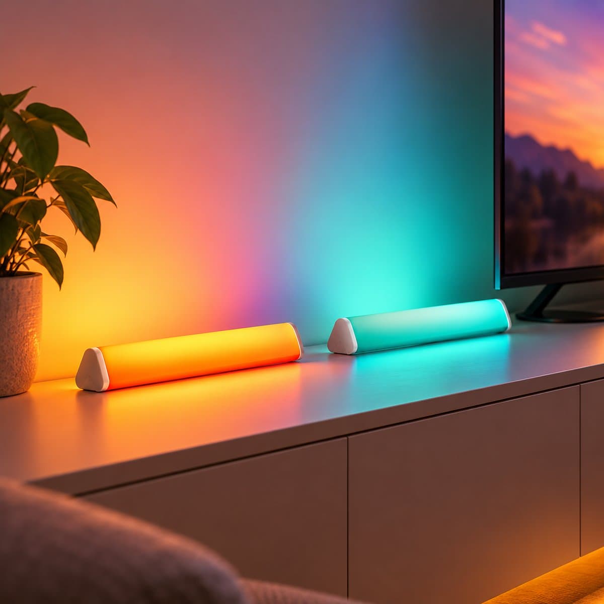 Bộ 2 thanh đèn thông minh WiZ Bar Linear đã lắp đặt, đang chiếu sáng