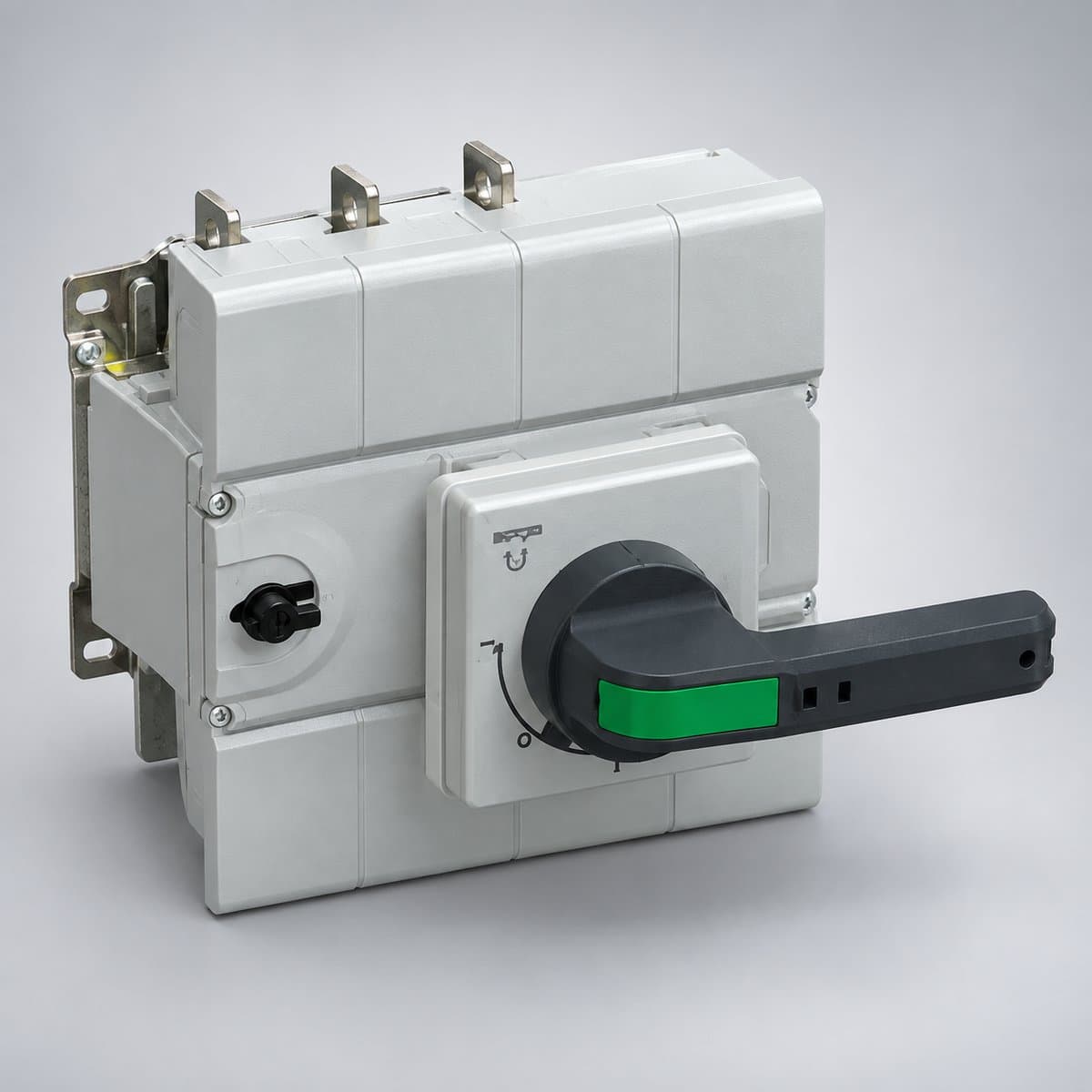 Bộ chuyển nguồn tay GoPact MTS Schneider chụp góc nghiêng 3/4, thấy rõ mặt và cạnh bên