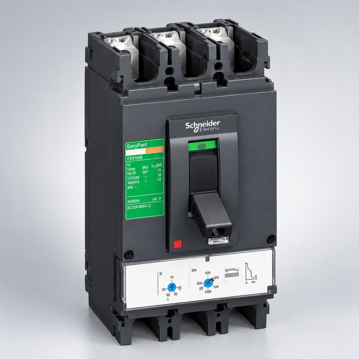 MCCB EasyPact CVS loại cố định Schneider chụp góc nghiêng 3/4, thấy rõ mặt và cạnh bên
