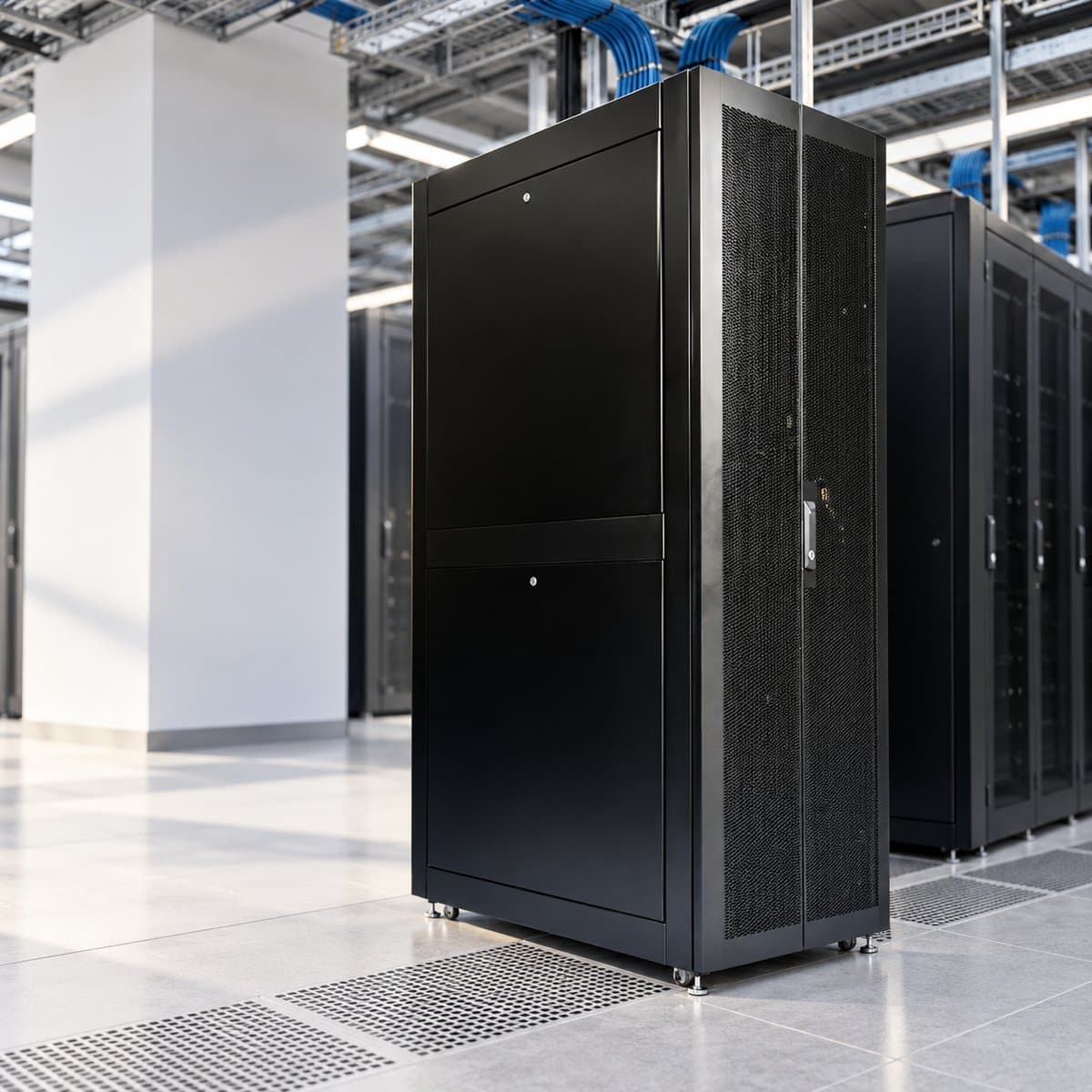 Tủ rack, thanh nguồn PDU, UPS và cáp mạng Legrand đã lắp đặt trong nhà