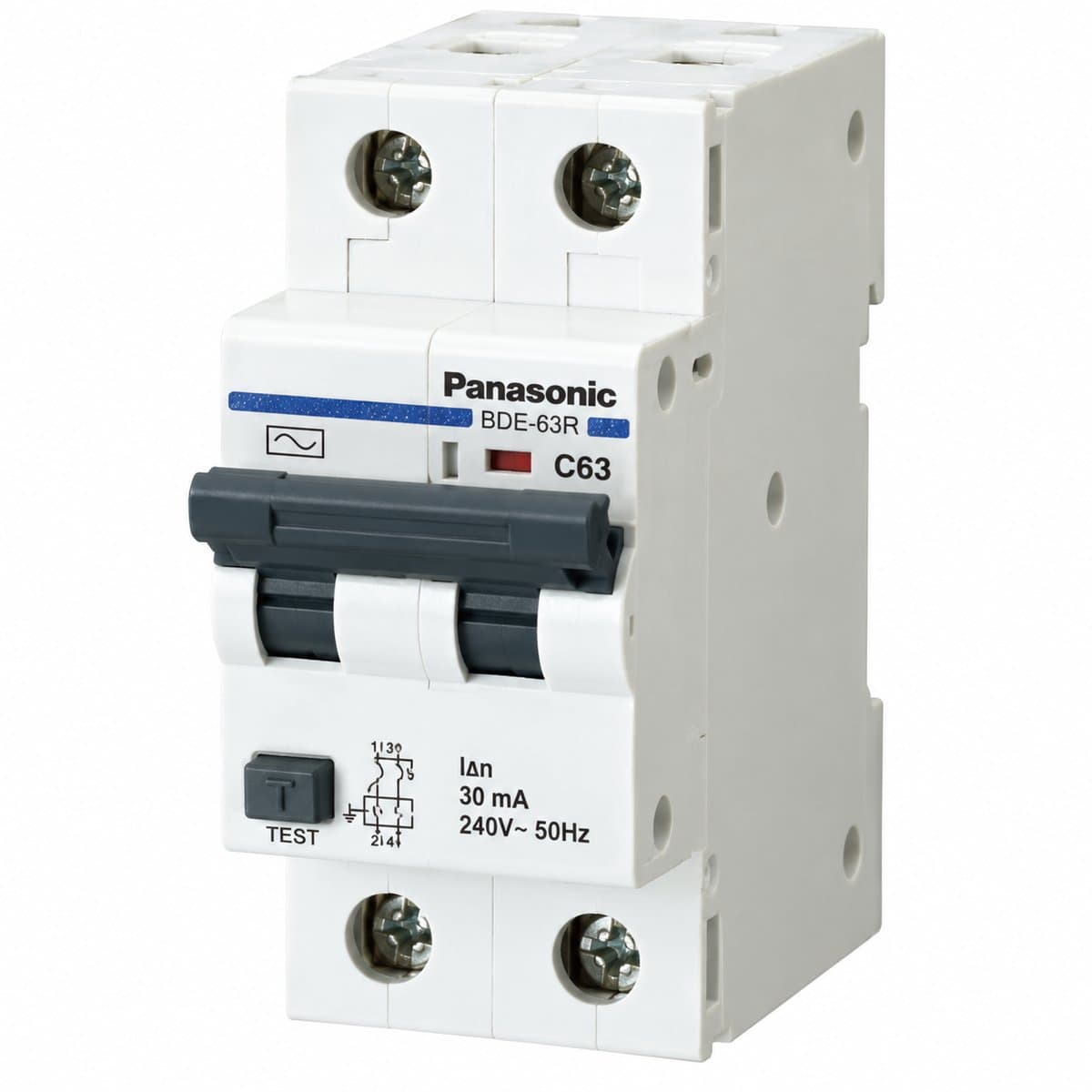 Cầu dao RCBO và RCCB chống rò Panasonic trên nền trắng, ảnh sản phẩm chính diện