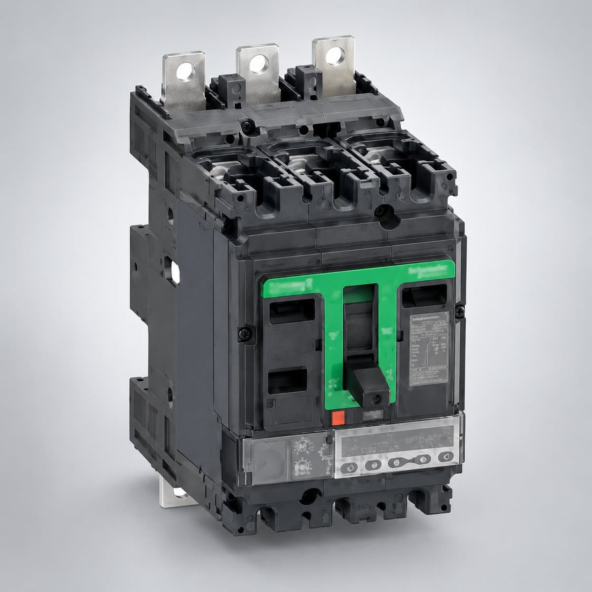 MCCB ComPacT NSX loại plug-in và kéo rút Schneider chụp góc nghiêng 3/4, thấy rõ mặt và cạnh bên