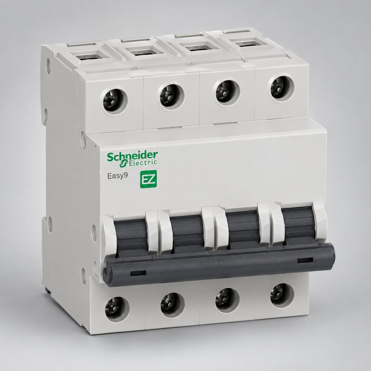 Cầu dao tự động Easy9 - MCB Schneider chụp góc nghiêng 3/4, thấy rõ mặt và cạnh bên
