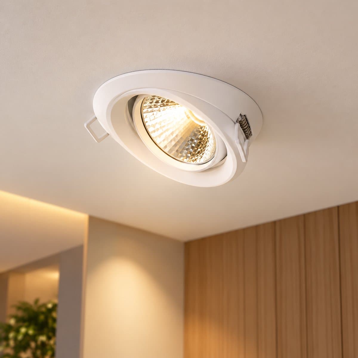 Đèn LED spotlight âm trần Pomeron Philips đã lắp đặt, đang chiếu sáng
