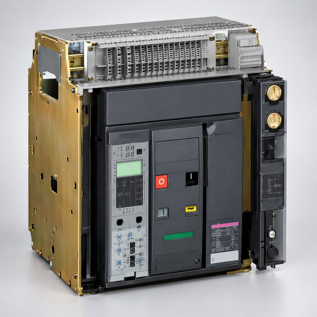 MCCB ComPacT NS loại kéo rút Schneider chụp góc nghiêng 3/4, thấy rõ mặt và cạnh bên