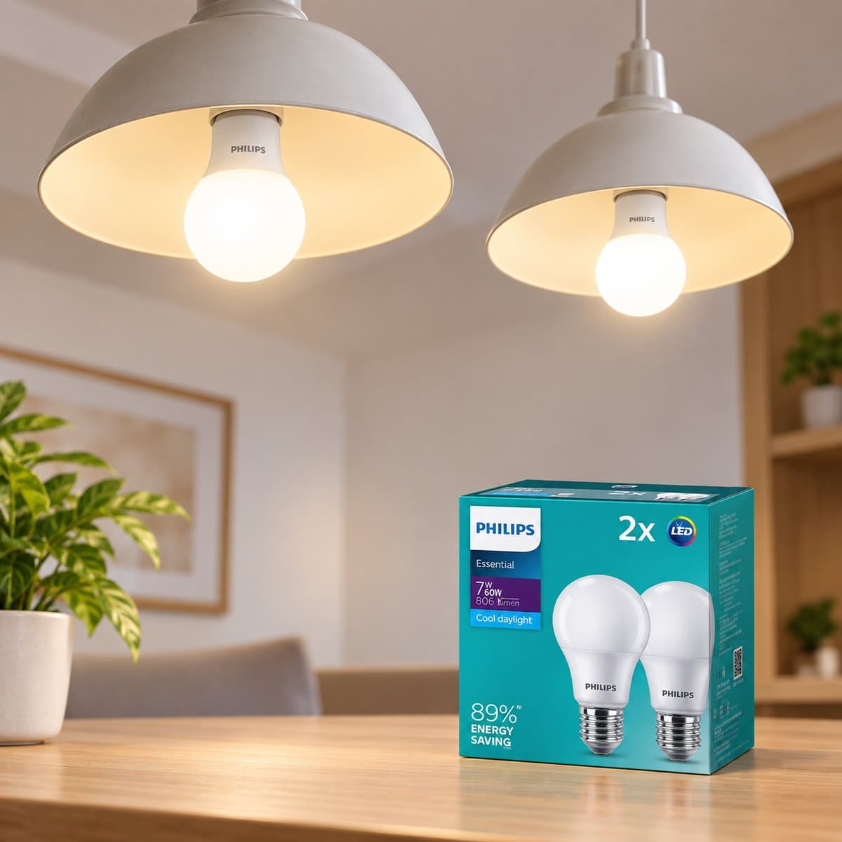 Bộ 2 bóng LED Bulb Essential Philips đã lắp đặt, đang chiếu sáng