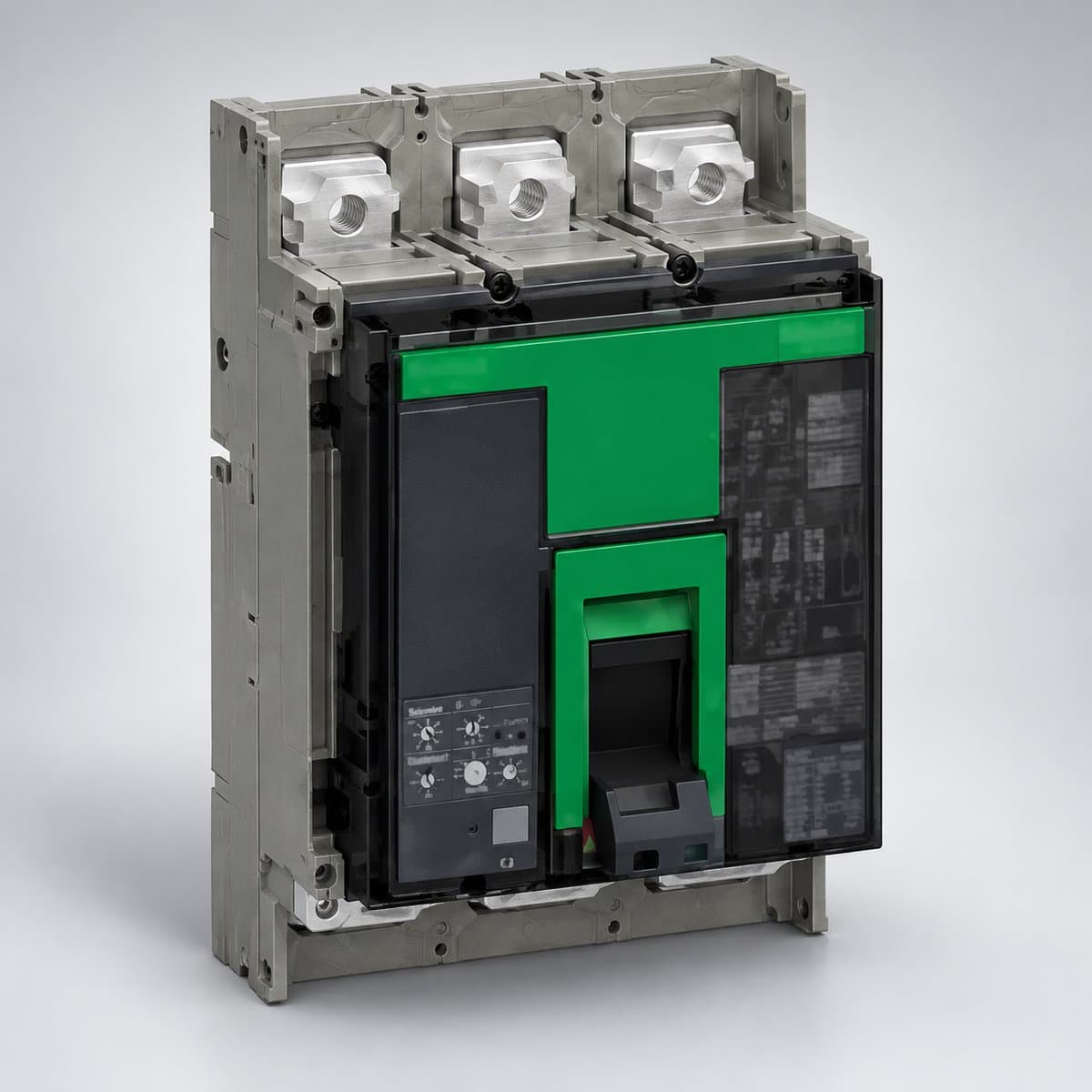 MCCB ComPacT NS 630-3200A Schneider chụp góc nghiêng 3/4, thấy rõ mặt và cạnh bên