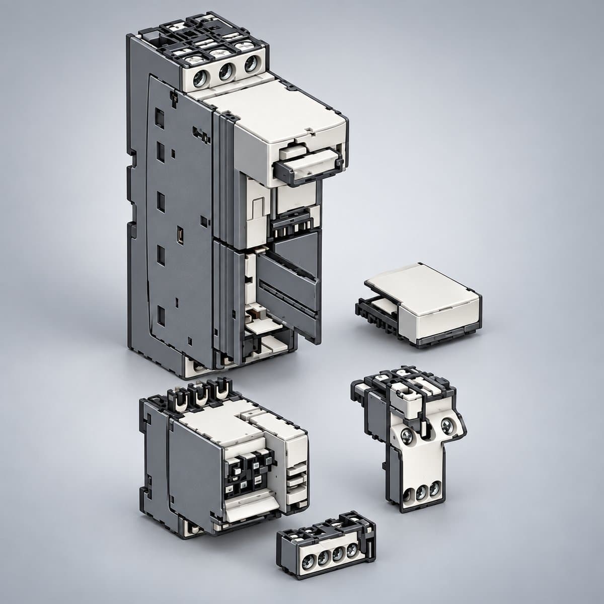 Bộ khởi động TeSys U Schneider chụp góc nghiêng 3/4, thấy rõ mặt và cạnh bên