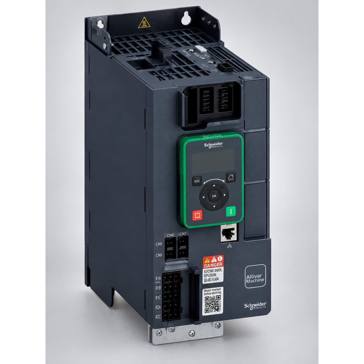 Biến tần Altivar Machine ATV340 Schneider chụp góc nghiêng 3/4, thấy rõ mặt và cạnh bên