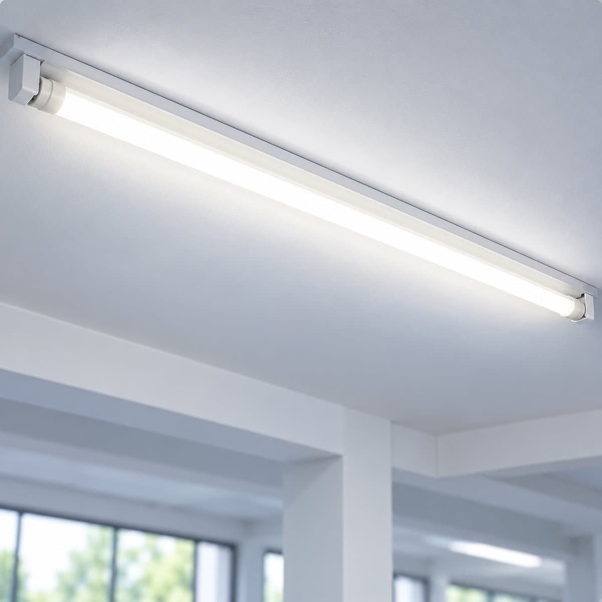 Bóng LED Tube DE T8 EcoLink đã lắp đặt, đang chiếu sáng
