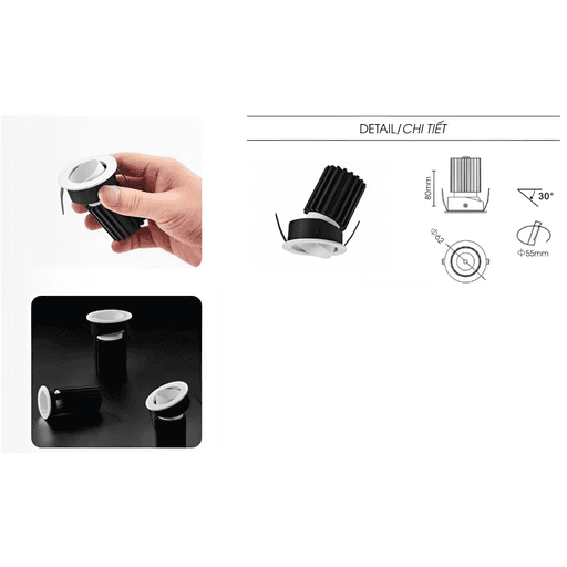 Đèn LED Spotlight Mini Âm Trần HKD · mini spotlight · 4W–12W · 6 mức CCT — góc chéo 3/4