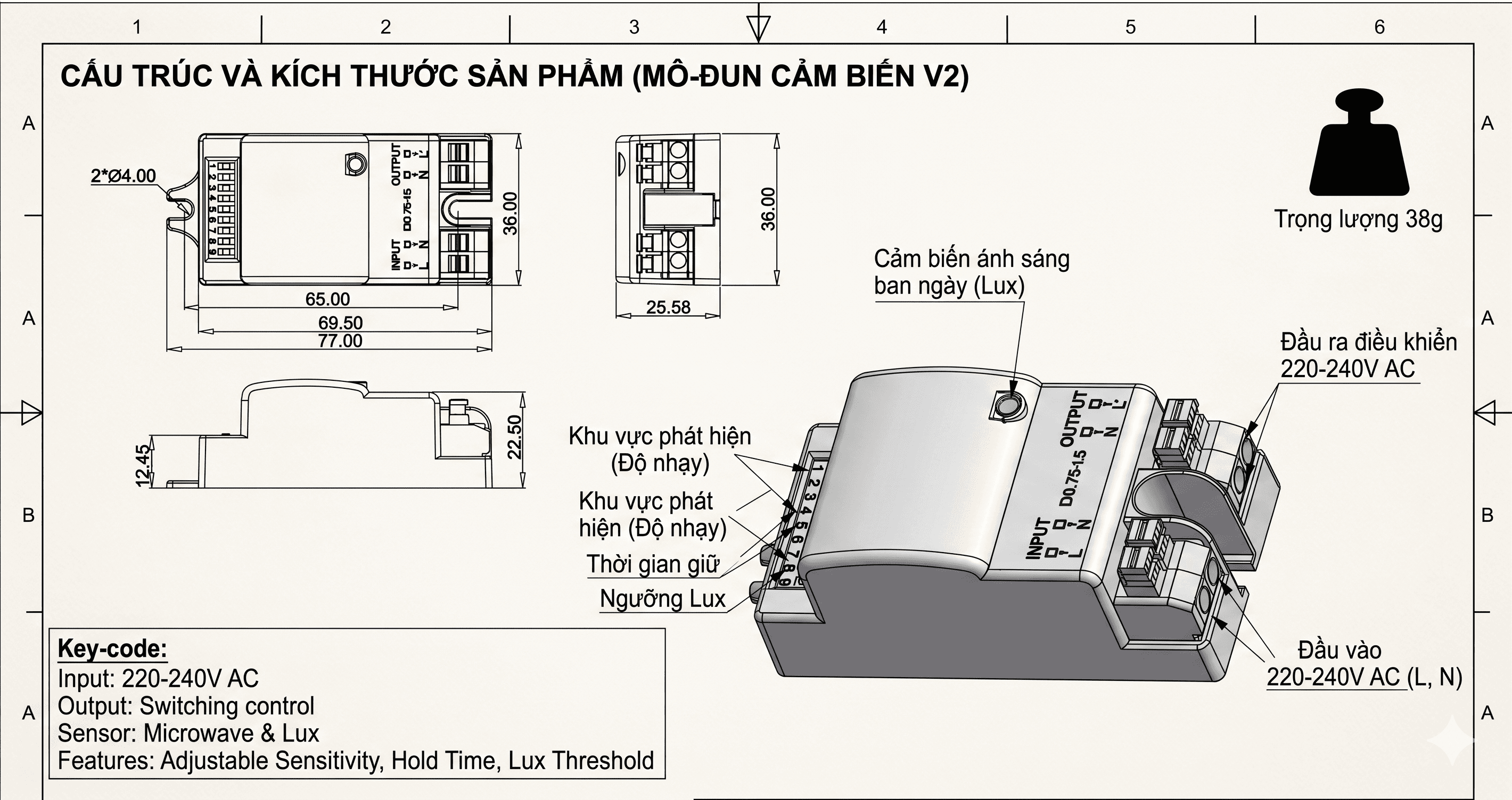 Cảm biến vi sóng On/Off tích hợp đèn Inventronics/Osram · sensor · 1mW max — góc chéo 3/4