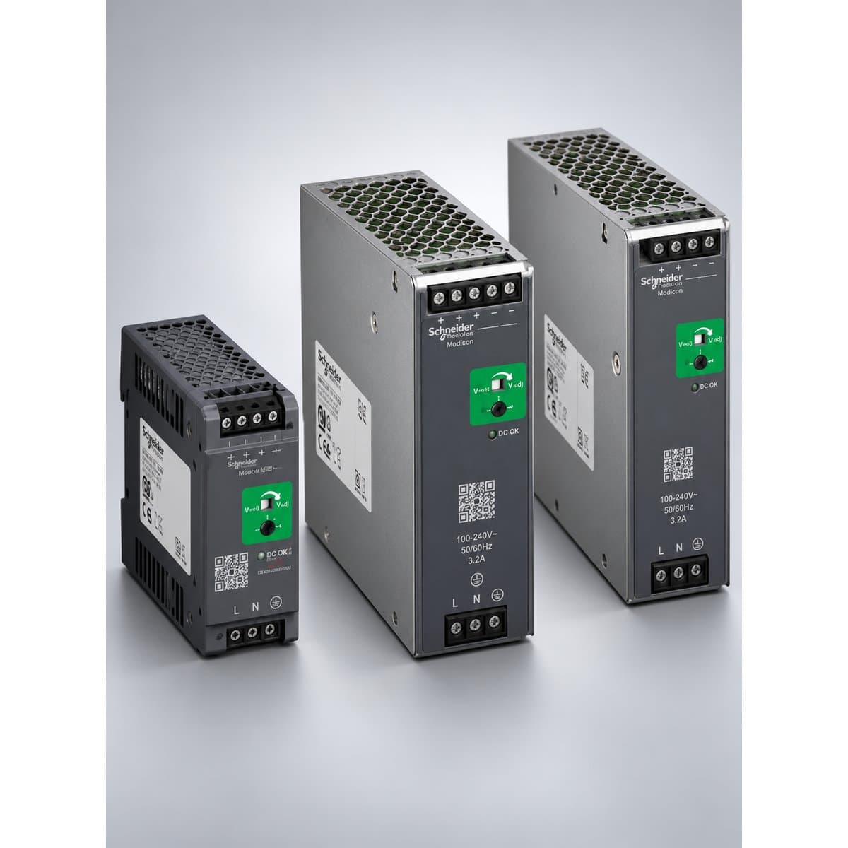 Bộ nguồn được tối ưu hóa Modicon Schneider chụp góc nghiêng 3/4, thấy rõ mặt và cạnh bên