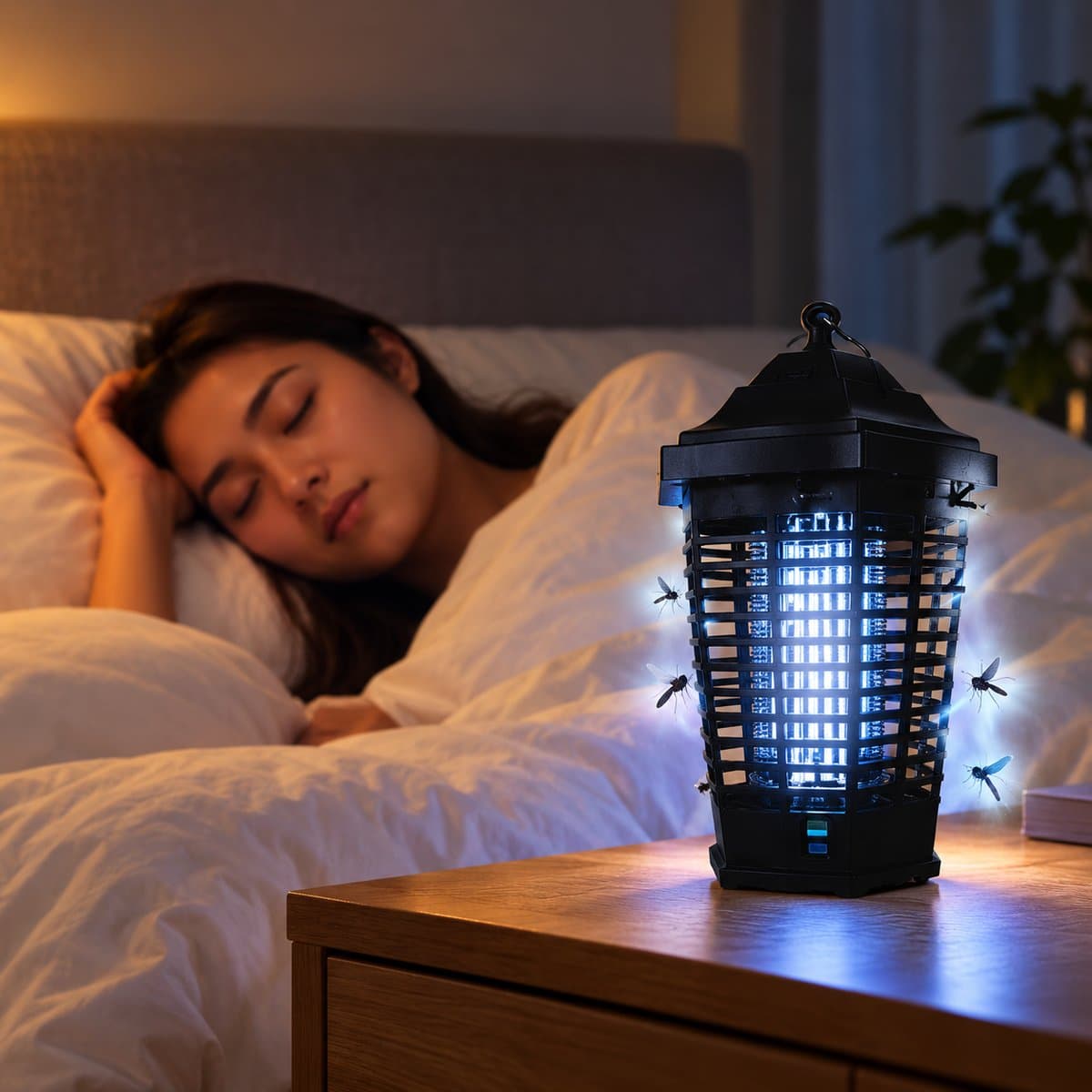 Đèn đội đầu, đèn bắt muỗi, vợt muỗi Panasonic đã lắp đặt, đang chiếu sáng
