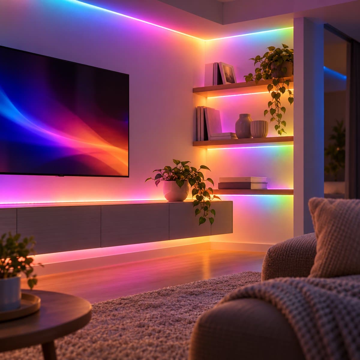 Dây LED thông minh WiZ RGBIC Type-C đã lắp đặt, đang chiếu sáng