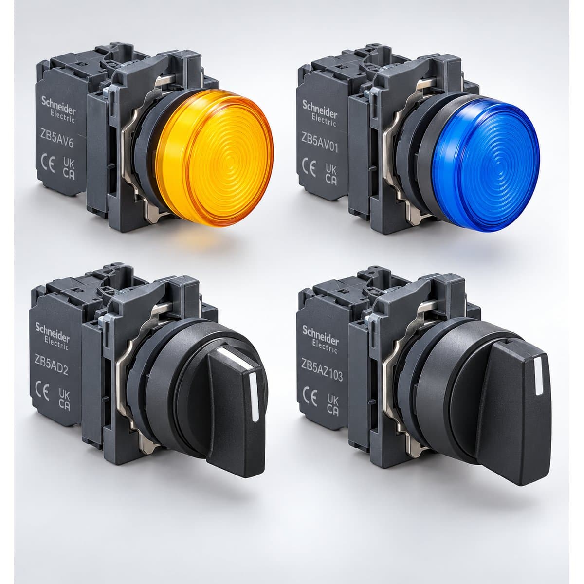 Đèn báo pha và Công tắc xoay XB5 Ø22 với vành nhựa - Mô-đun Schneider chụp góc nghiêng 3/4, thấy rõ mặt và cạnh bên