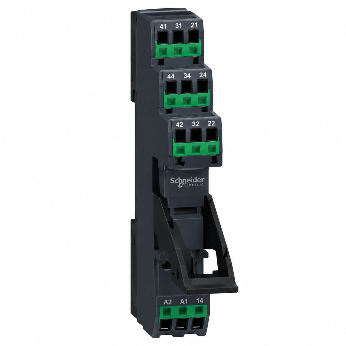 Rơ le giao tiếp Harmony RXG Schneider trên nền trắng, ảnh sản phẩm chính diện