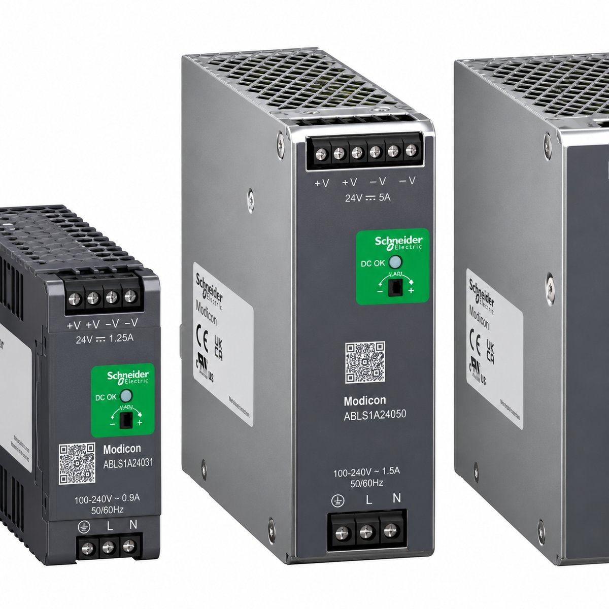 Bộ nguồn được tối ưu hóa Modicon Schneider trên nền trắng, ảnh sản phẩm chính diện