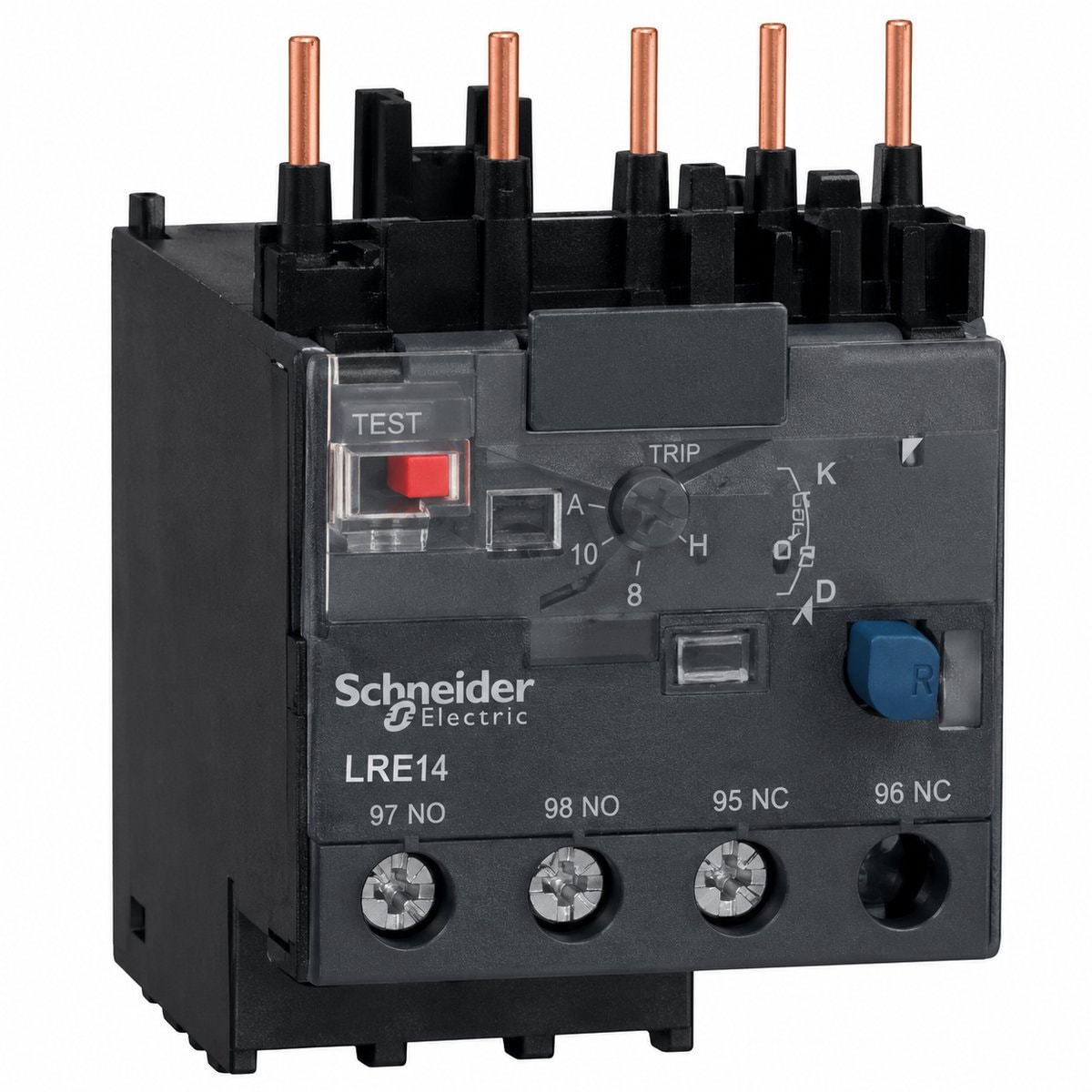 Rơ le quá tải nhiệt loại K, D Schneider trên nền trắng, ảnh sản phẩm chính diện