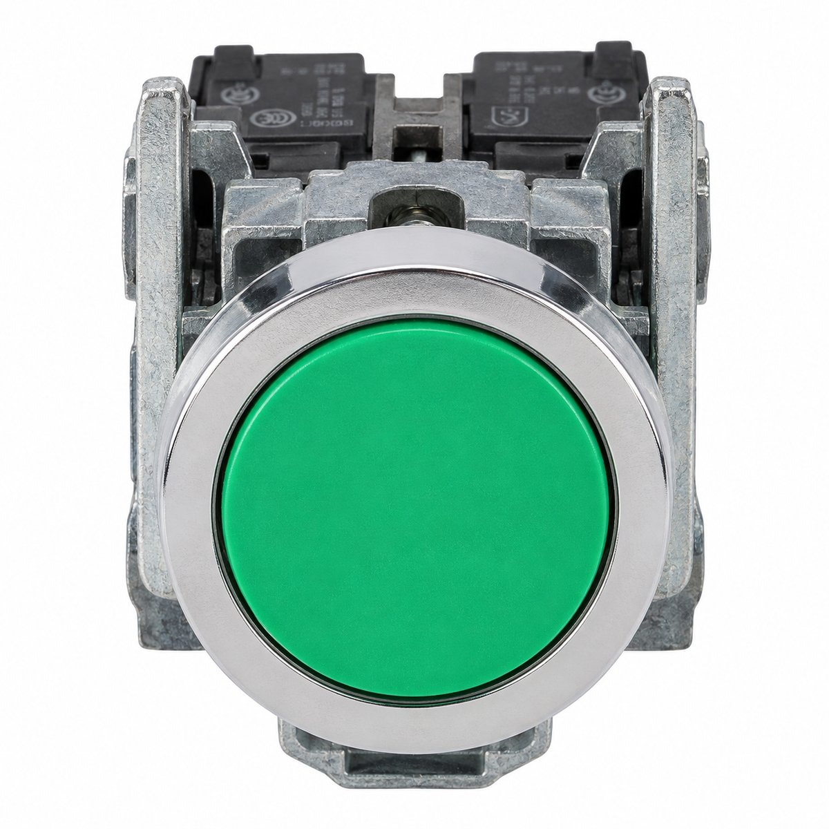Nút nhấn XB4 Ø22 vành kim loại loại flush, lò xo Schneider trên nền trắng, ảnh sản phẩm chính diện