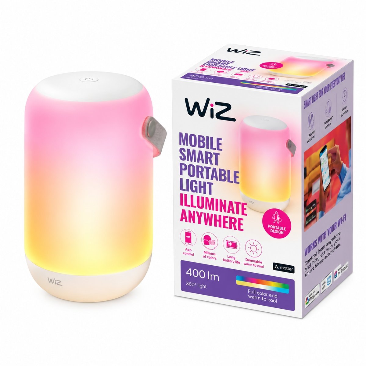 Đèn di động thông minh WiZ Mobile Portable Light trên nền trắng, ảnh sản phẩm chính diện