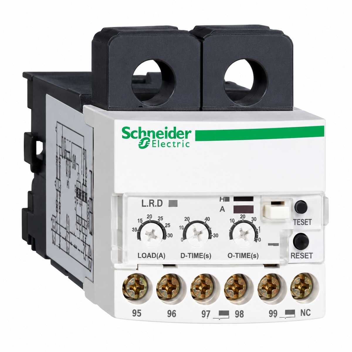 Rơ le quá dòng điện tử TeSys EOCR Schneider trên nền trắng, ảnh sản phẩm chính diện