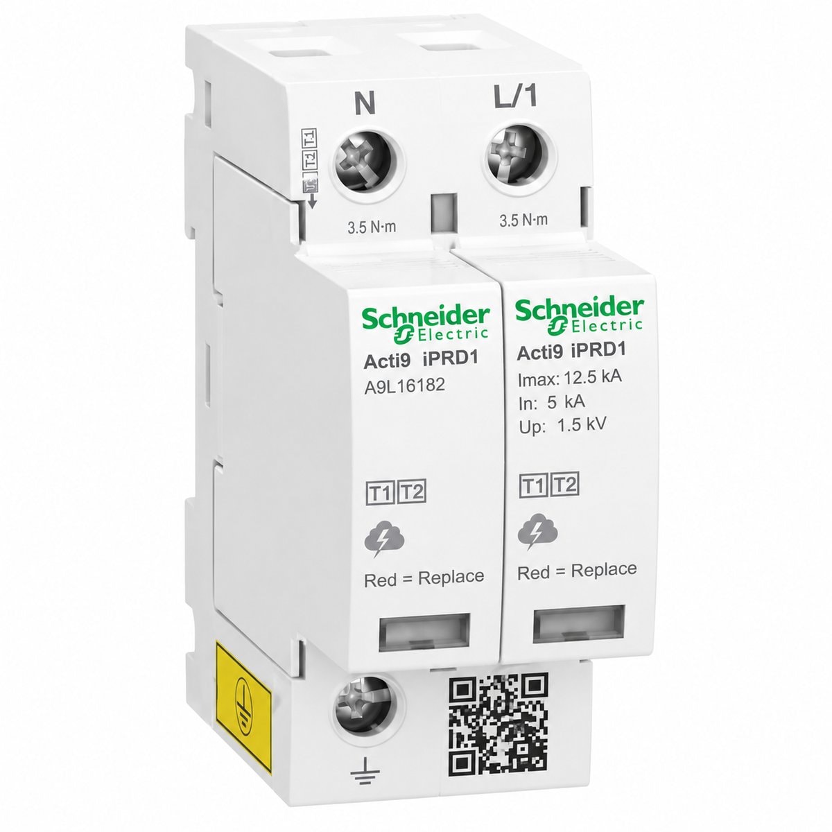 Acti9 - Thiết bị chống sét lan truyền Schneider trên nền trắng, ảnh sản phẩm chính diện