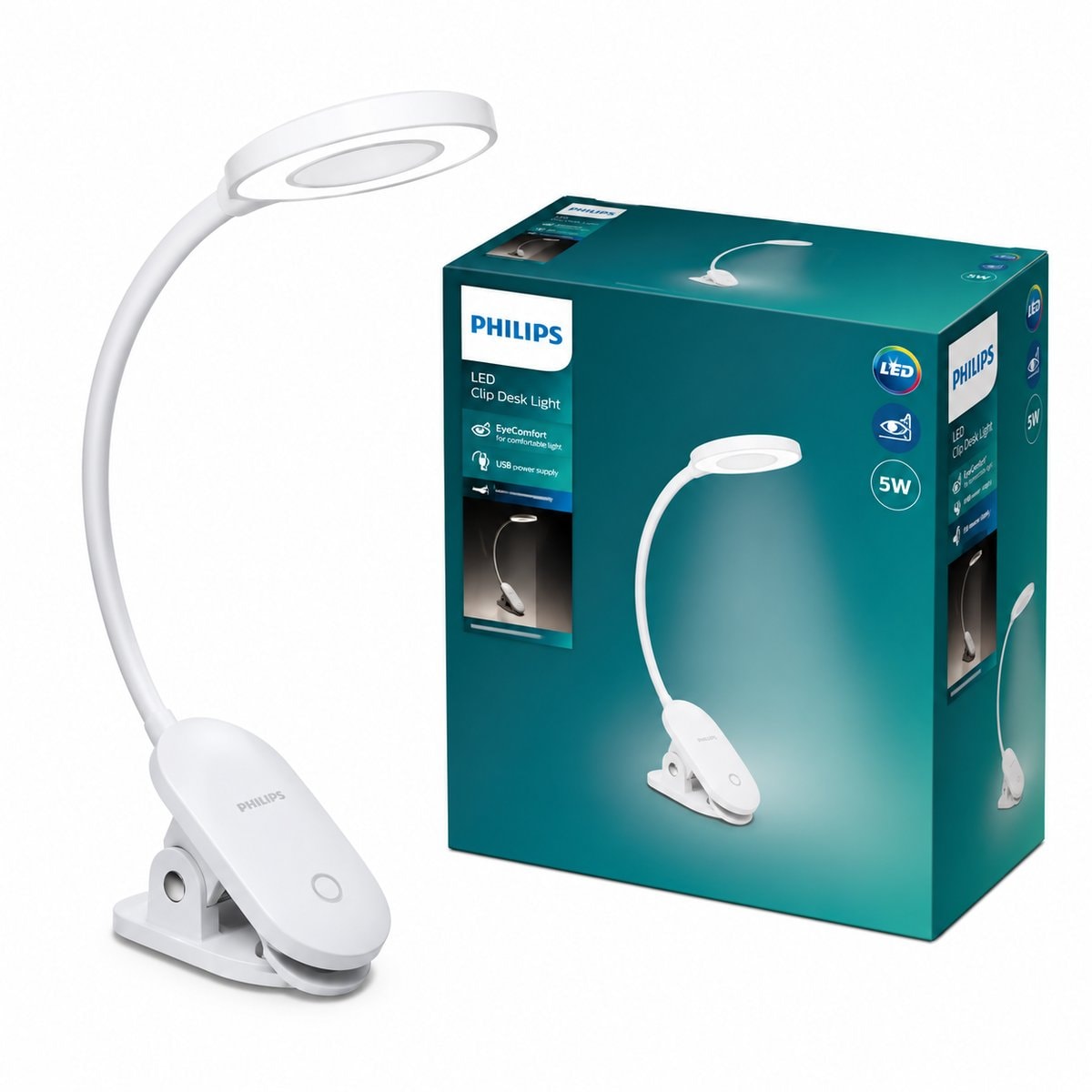 Đèn bàn kẹp LED Forys DSK206 Philips trên nền trắng, ảnh sản phẩm chính diện