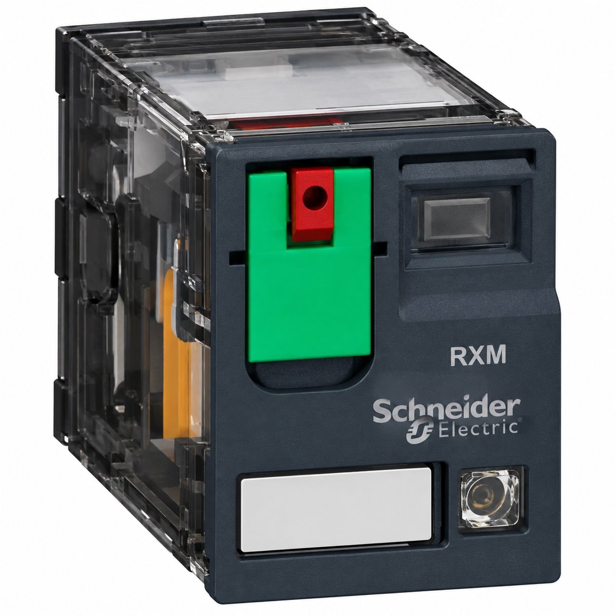 Rơ le thu nhỏ cao cấp Schneider trên nền trắng, ảnh sản phẩm chính diện