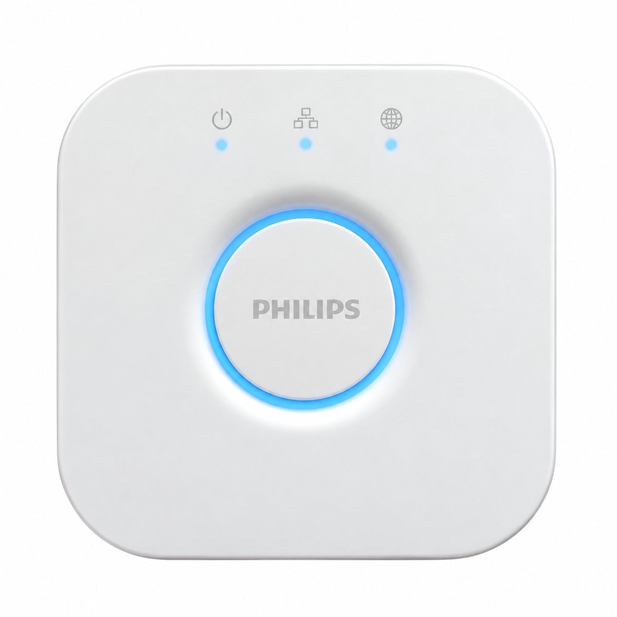 Bộ điều khiển trung tâm Hue Bridge Philips trên nền trắng, ảnh sản phẩm chính diện