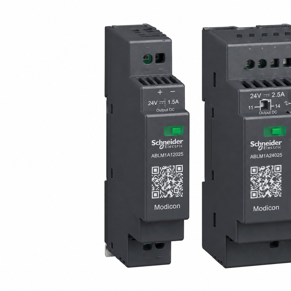 Bộ nguồn dạng mô-đun Modicon Schneider trên nền trắng, ảnh sản phẩm chính diện