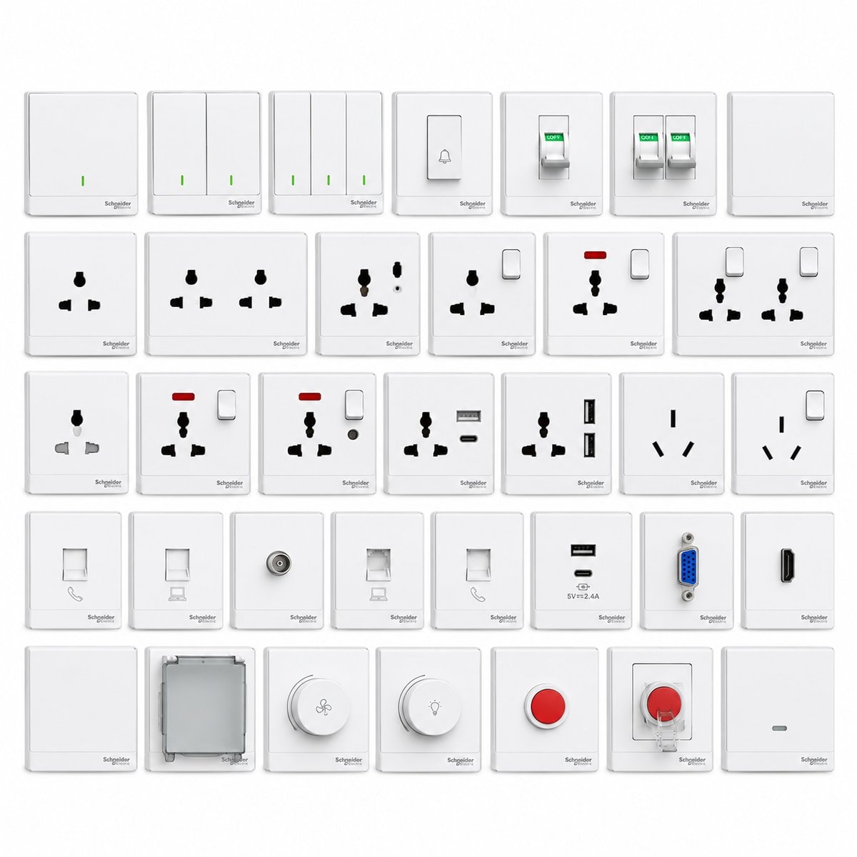 Dòng công tắc ổ cắm AvatarOn A Schneider trên nền trắng, ảnh sản phẩm chính diện