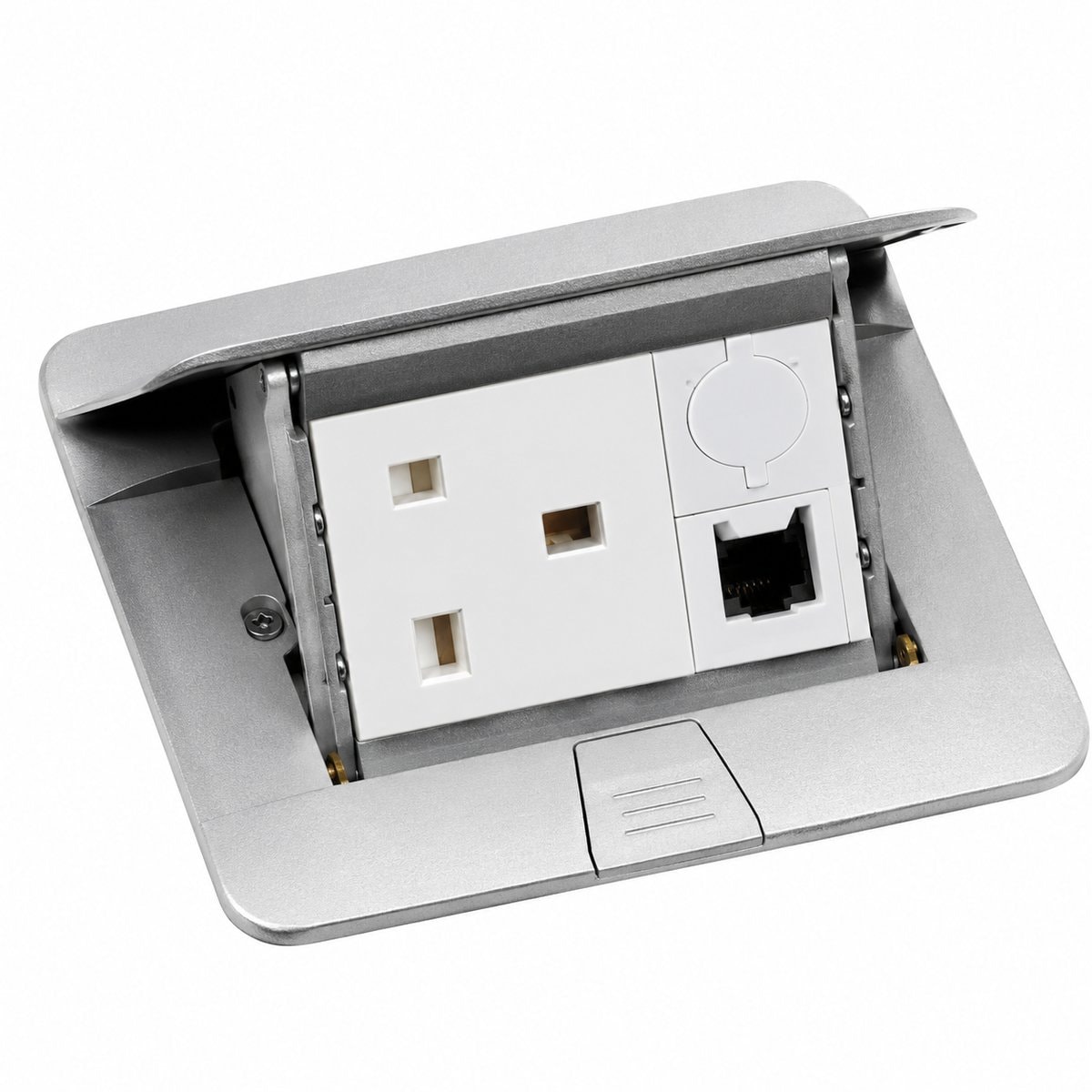 Hộp âm sàn và tủ điện dân dụng Practibox S Legrand trên nền trắng, ảnh sản phẩm chính diện
