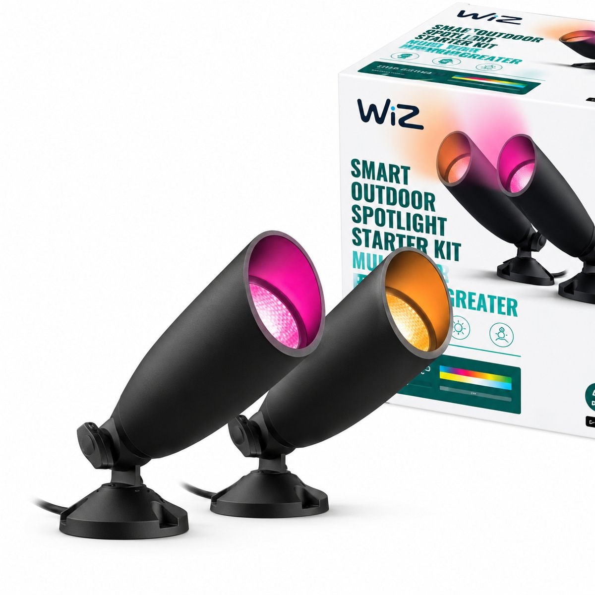 Bộ đèn cắm cỏ thông minh WiZ 12V Ground Spot Starter Kit trên nền trắng, ảnh sản phẩm chính diện