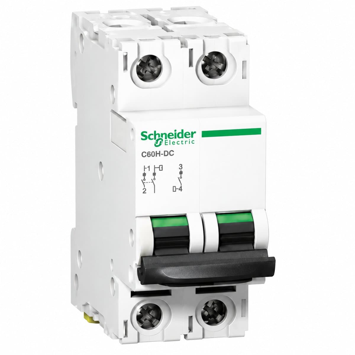 Cầu dao tự động Acti9 - C60H DC Schneider trên nền trắng, ảnh sản phẩm chính diện