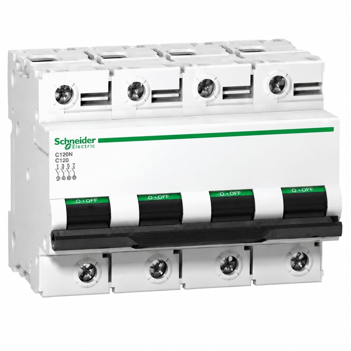 Cầu dao tự động Acti9 C120N và C120H Schneider trên nền trắng, ảnh sản phẩm chính diện