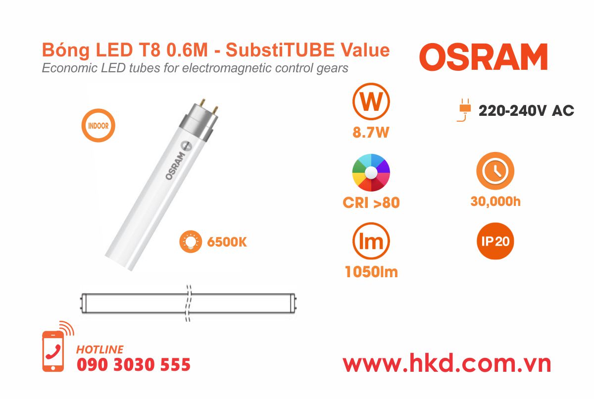 Bóng LED T8 0.6m 8.7W OSRAM LEDVANCE