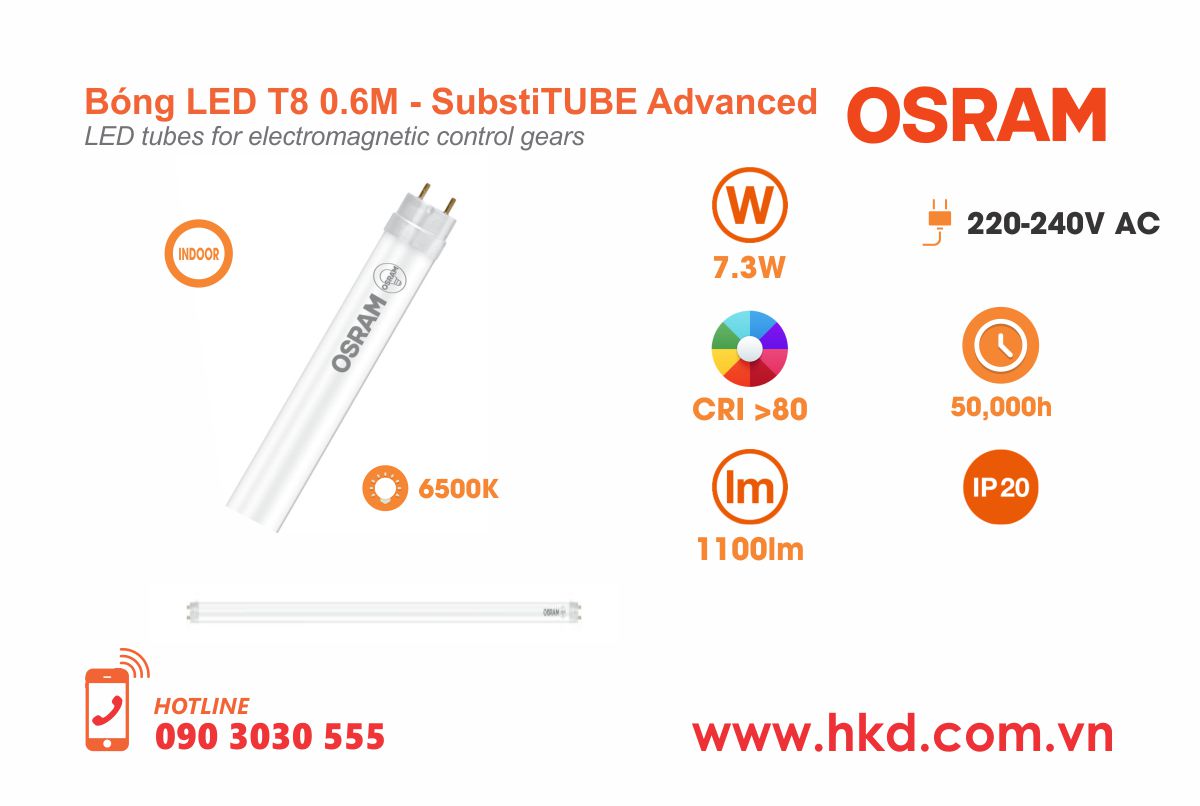 Bóng LED T8 0.6m 7.3W OSRAM LEDVANCE